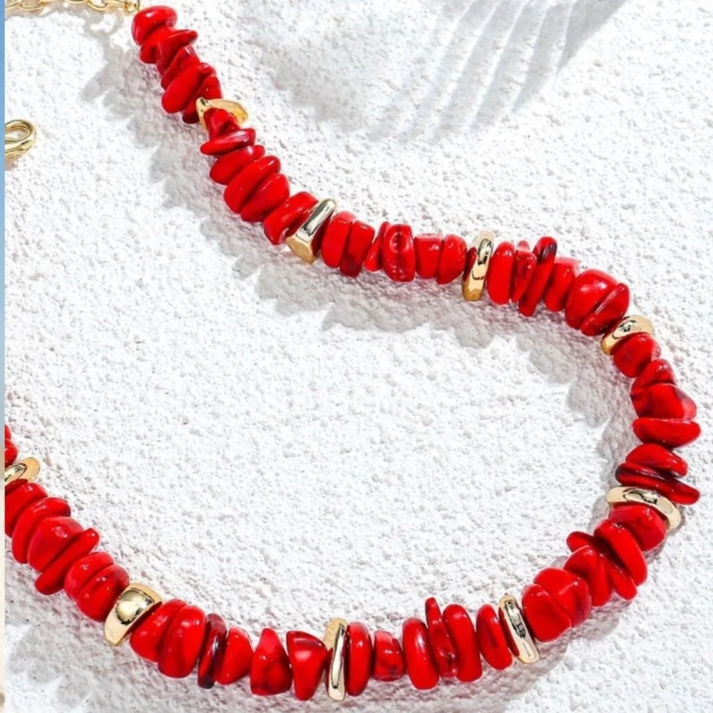 Red Bead Necklace with Gold Accents new
